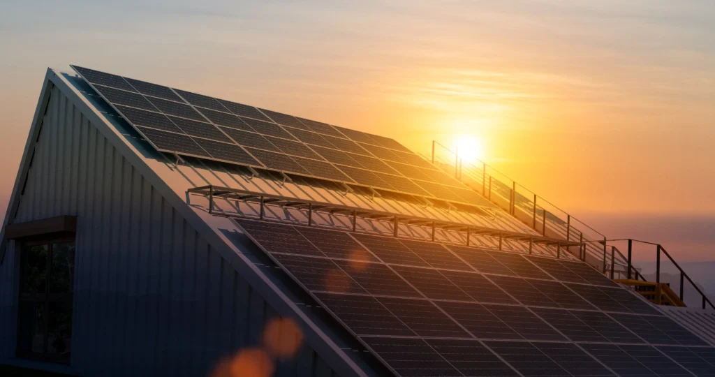 toit d'usine avec panneau solaire coucher de soleil